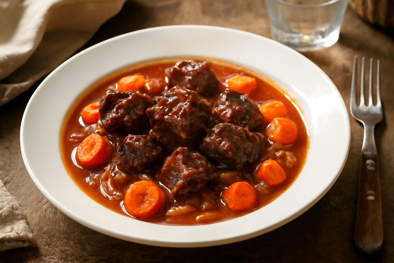 Stufato di carne in pentola di terracotta: cubetti di manzo scuro immersi in sugo ricco e denso, circondati da carote arancioni, sedano e cipolla morbida, con sugo che ricopre tutto