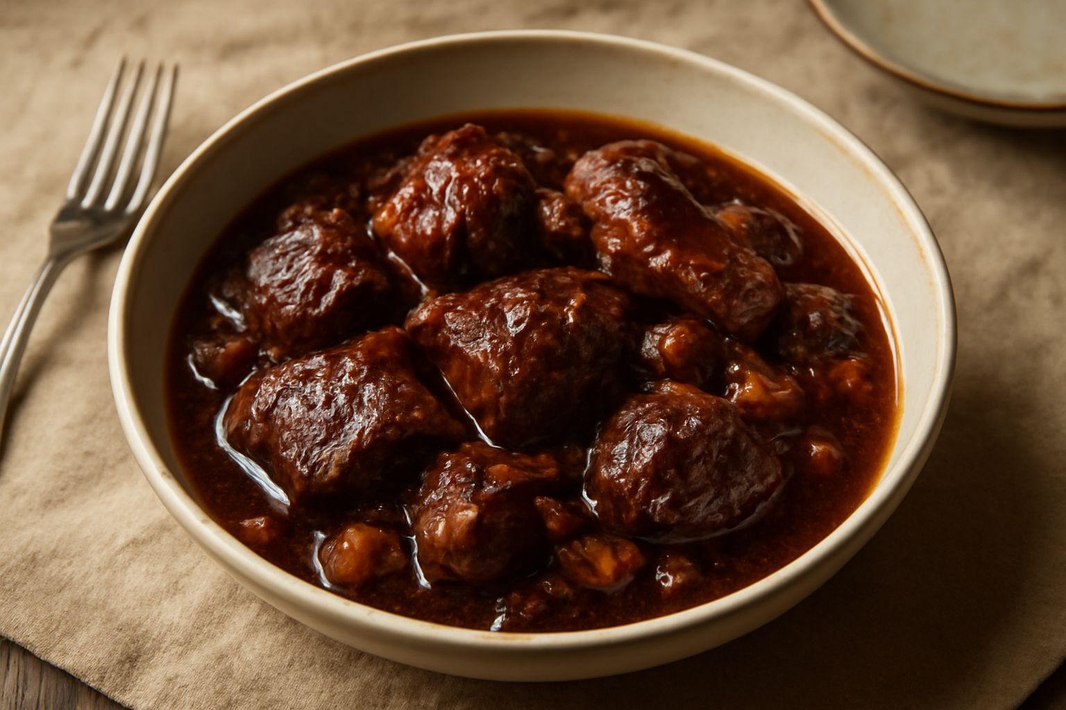 Stufatu di castrato in una ciotola di ceramica, carne marrone scuro e tenera circondata da verdure morbide, cipolla caramellata, carota e sedano, con brodo rosso-bruno, servito su piatto bianco con pr