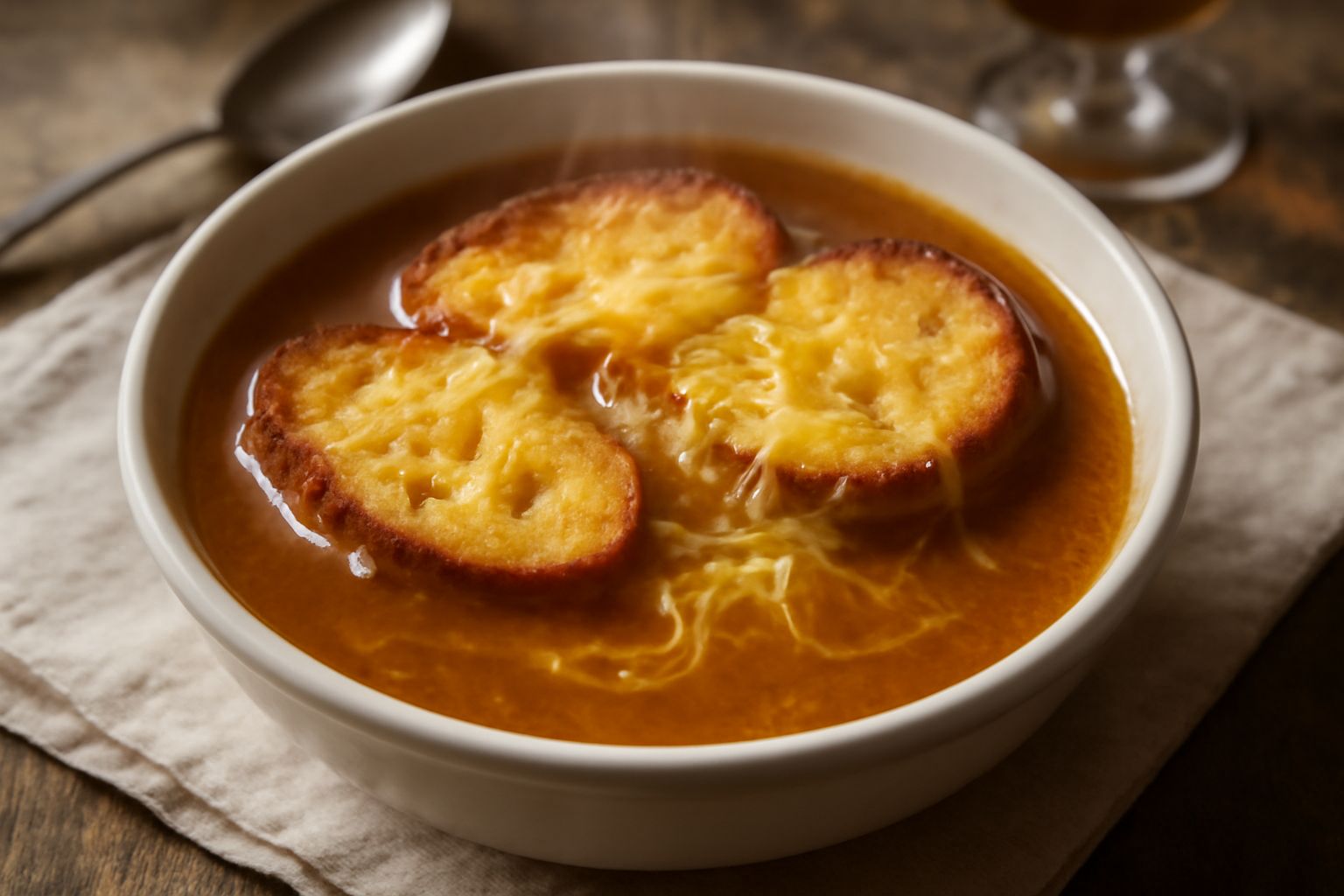 Zuppiera di terracotta con brodo fumante, fette di pane tostato dorate parzialmente immerse, filamenti di formaggio fuso giallo che si distaccano dalla superficie, caldo e invitante