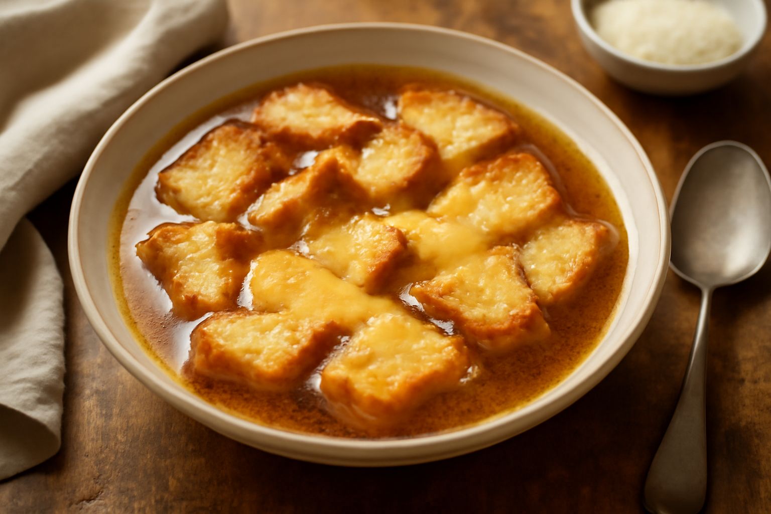 Ciotola di ceramica bianca con brodo caldo color ambrato, pezzi di pane tostato dorato semisommersi nel liquido, grattugia di formaggio giallo paglierino in superficie, vapore appena visibile, cucchia