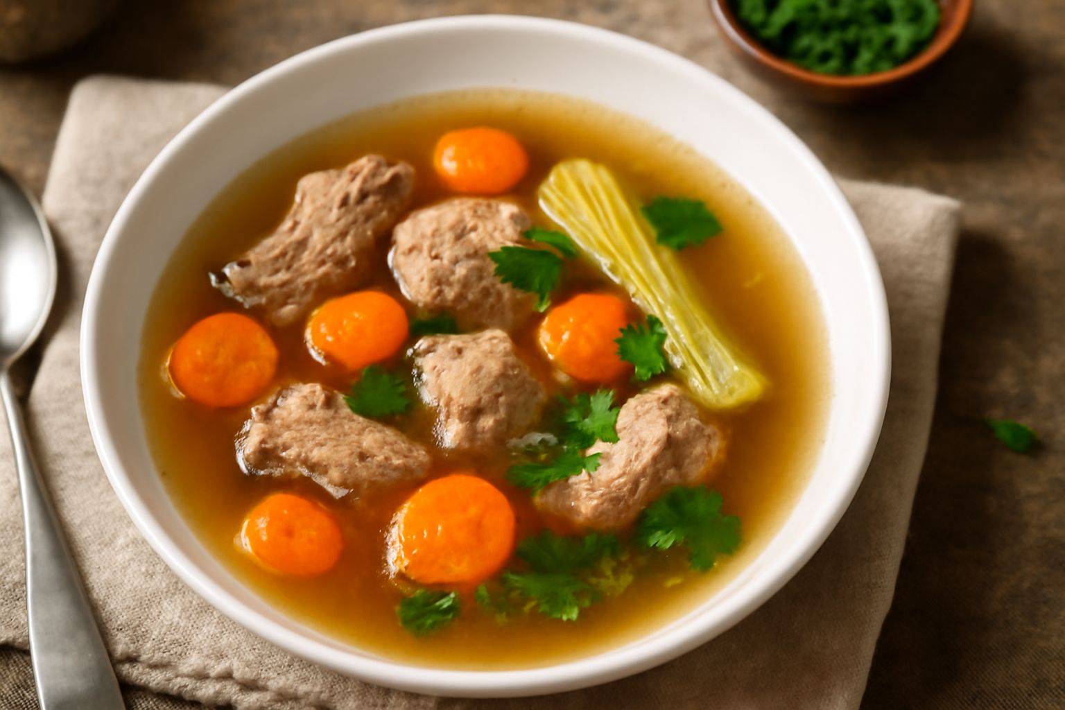 Una pentola di terracotta con brodo trasparente e ambrato, con frammenti di carne, carote tagliate a rondelle, sedano e prezzemolo fresco galleggianti in superficie, vapore che sale dal bordo
