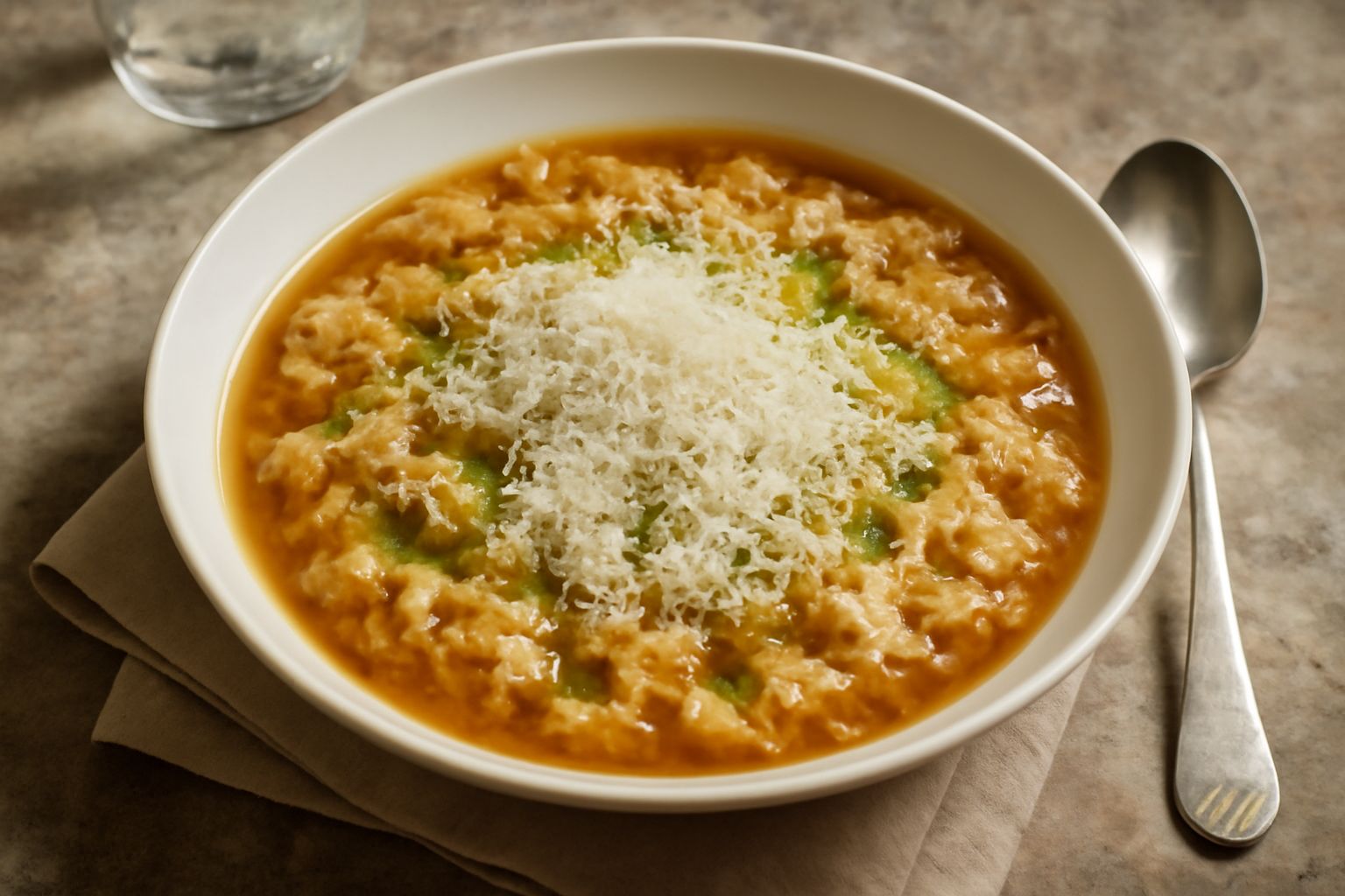 Zuppa sarda su broillu in ciotola di ceramica bianca, brodo ambrato che ricopre pane carasau sbriciolato, filo di olio verde oliva in superficie, grattugia di formaggio sardo cacio e pepe in primo pia