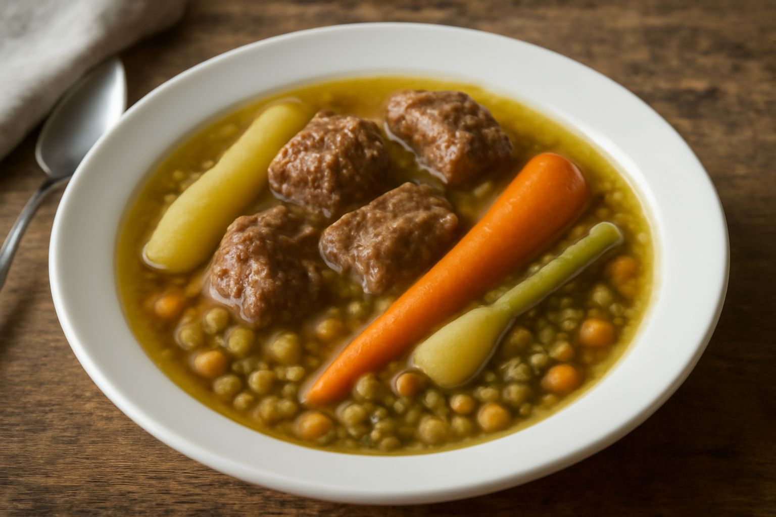 Zuppiera in ceramica bianca con brodo trasparente ambrato, pezzi di carne e verdure visibili, pane tostato in piedi nel brodo, cucchiaio di legno appoggiato al bordo