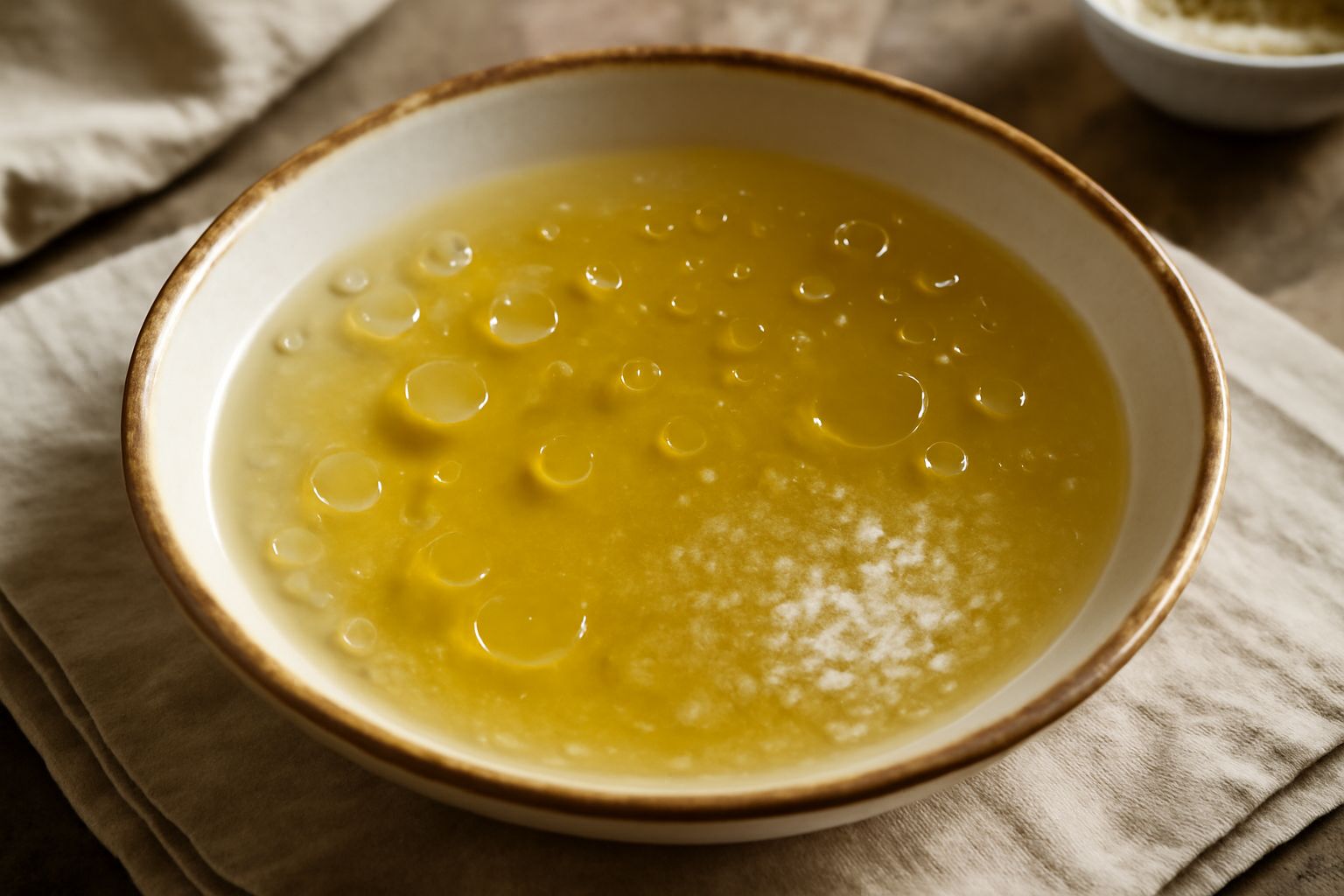 Un cucchiaio di legno immerso in una scodella di ceramica bianca con condimento di acqua e olio dorato, con gocce trasparenti d'acqua e fili d'olio che si mescolano, accanto una bottiglia di olio d'ol