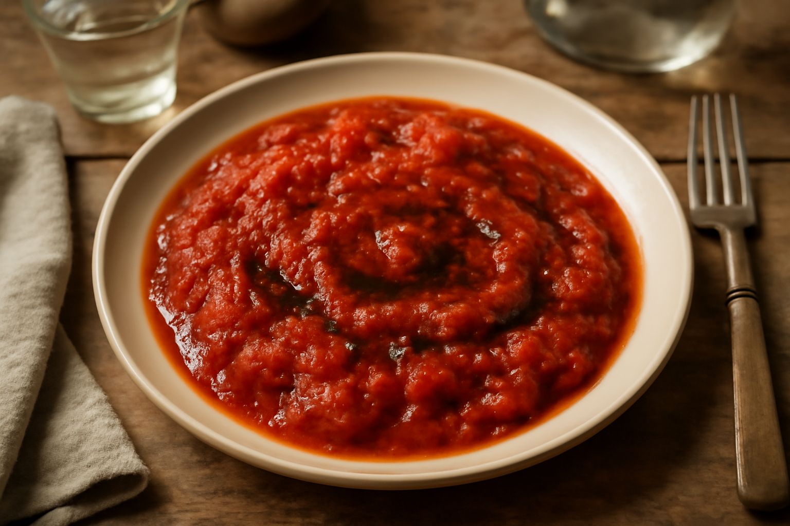 Condimento di pomodoro sardo in una ciotola di ceramica bianca, con pomodori rossi spezzati, cipolla caramellata, aglio e prezzemolo verde, servito ancora caldo con vapore che sale