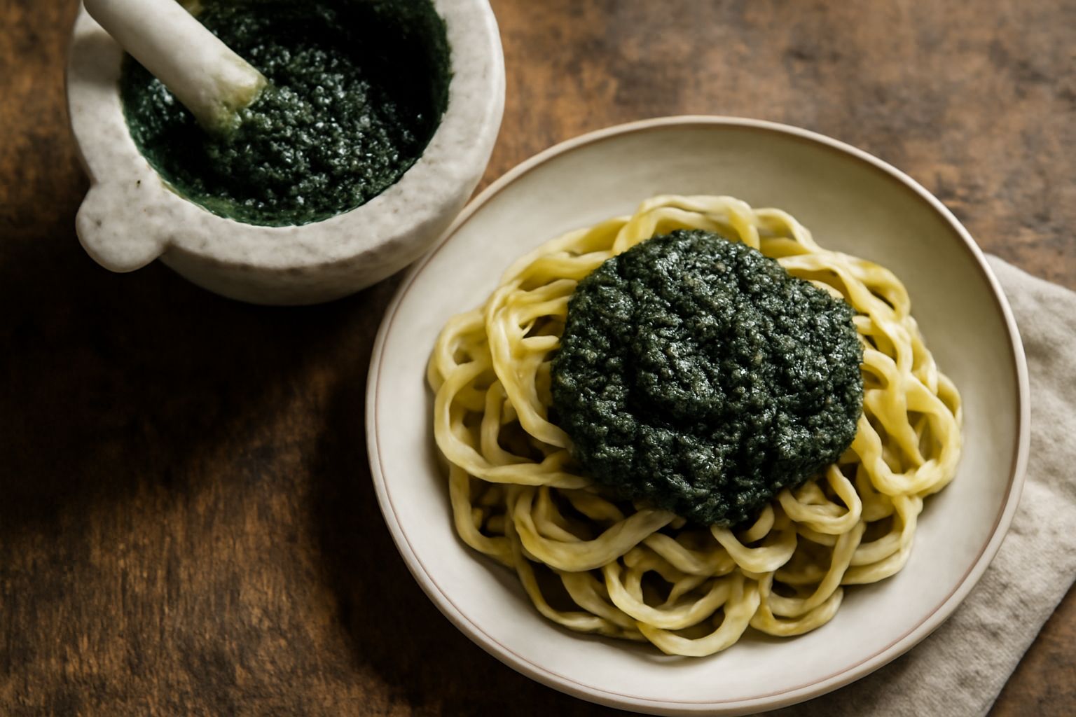 Pesto verde scuro di ortiche in una ciotola bianca, con pinoli sparsi sopra, aglio fresco e foglie di ortica accanto, su un tavolo di legno rustico