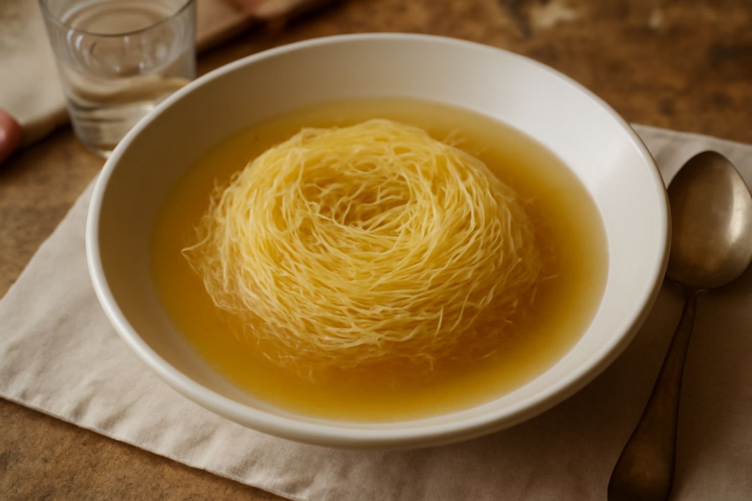 Un piatto di su filindeu con pasta color oro pallido disposta in strati sottilissimi, condita con brodo trasparente e scaglie di formaggio pecorino grattugiate in superficie, su un piatto bianco di ce