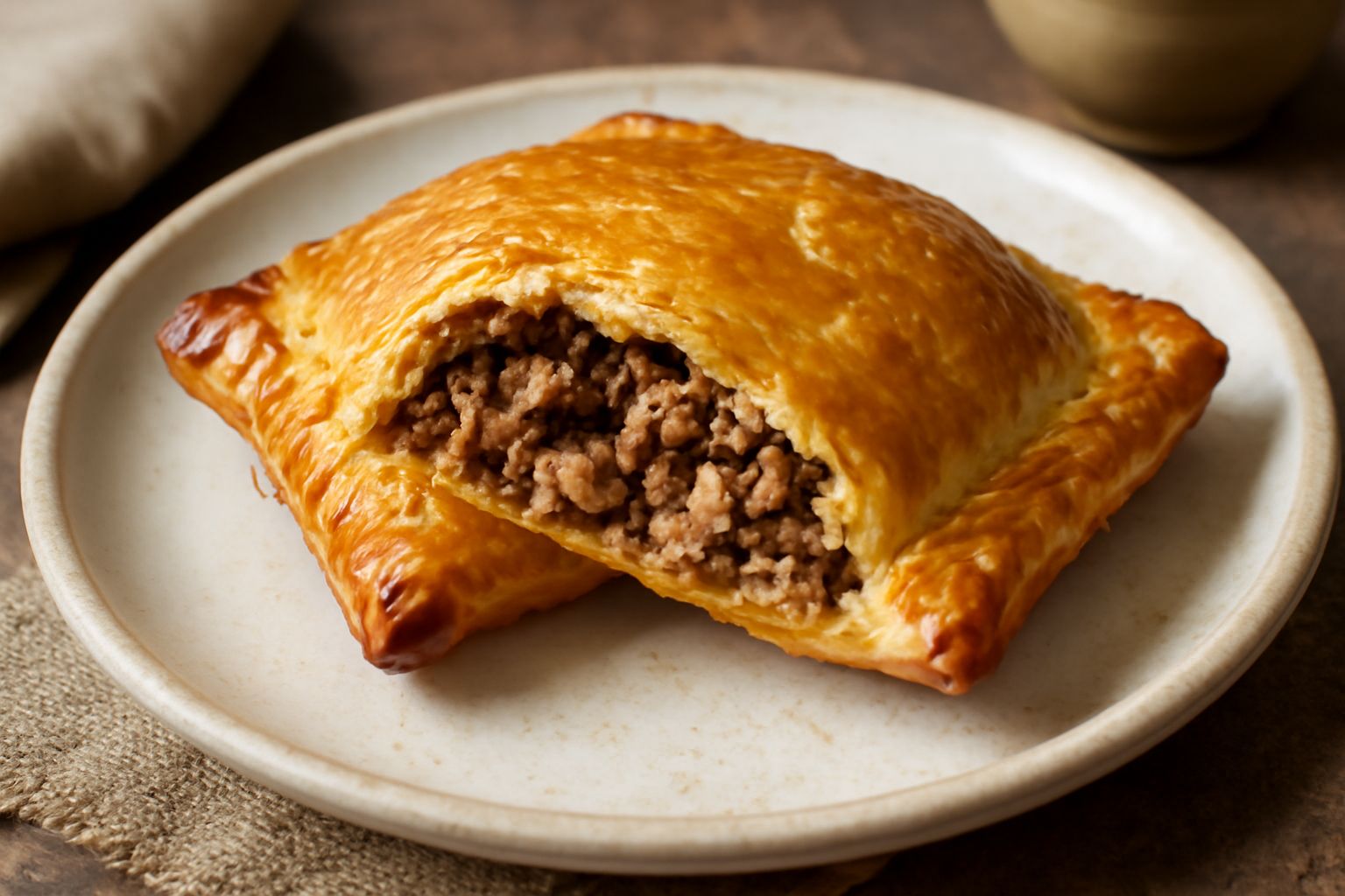 Su impanadu croccante e dorato al forno, a forma di raviola quadrata, con sfogliatelle visibili e ripieno di carne che fuoriesce leggermente dal taglio, su piatto bianco