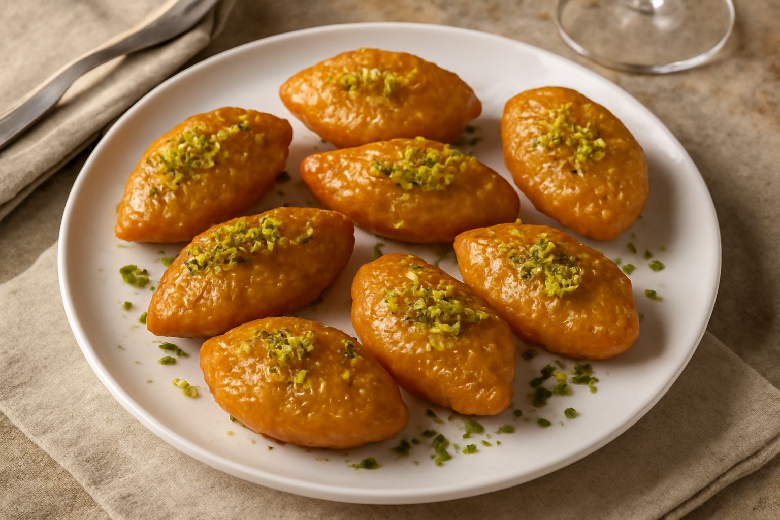 Dolcetti «su meli» di forma ovale e dorata, ricoperti di miele lucido e granella di pistacchio verde, disposti su piatto bianco con carta paglia sottostante