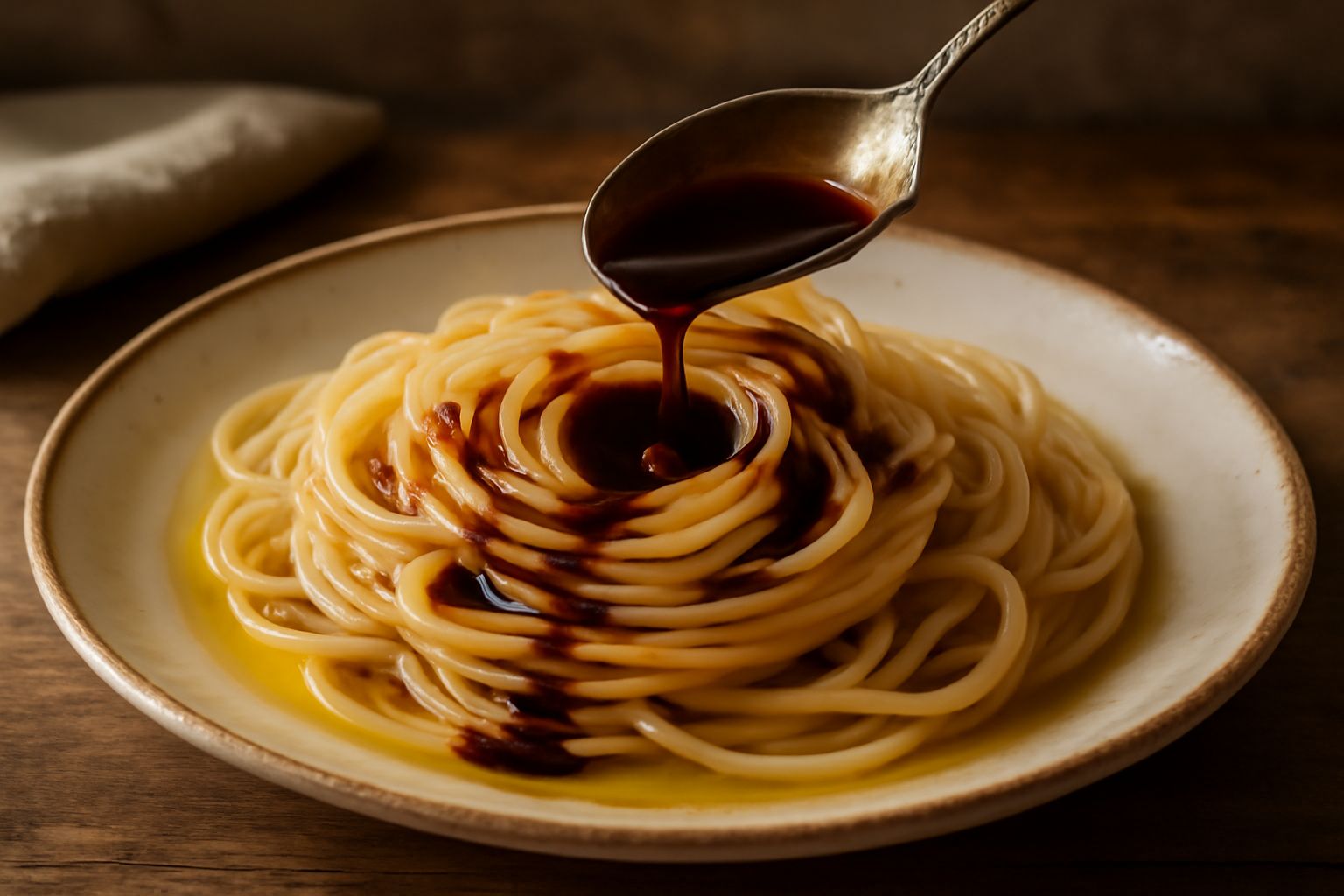 Olio denso e marrone scuro in una bottiglia di vetro con etichetta bianca, accanto a un bicchiere contenente l'olio con riflessi lucidi e una consistenza visibilmente densa
