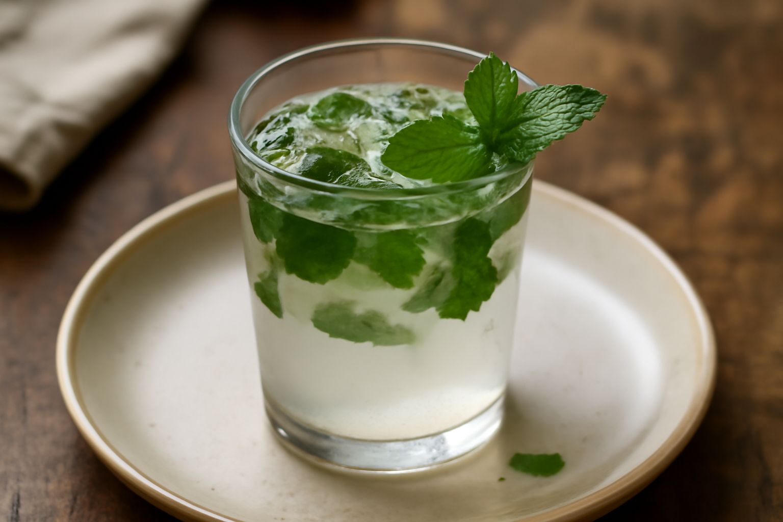Un bicchiere trasparente pieno di acqua fredda e trasparente con foglie di menta fresca verde galleggianti, ghiaccio, servito su tavolo di legno con luce naturale estiva