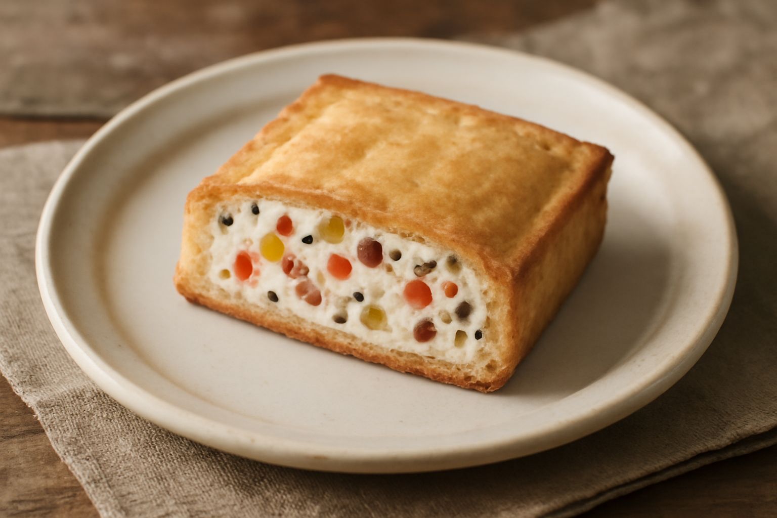 Dolce siciliano rettangolare su piatto bianco, con pasta frolla dorata che racchiude ripieno color panna e ricotta, sormontato da frammenti di canditi rossi e gialli e gocce di cioccolato fondente, bo