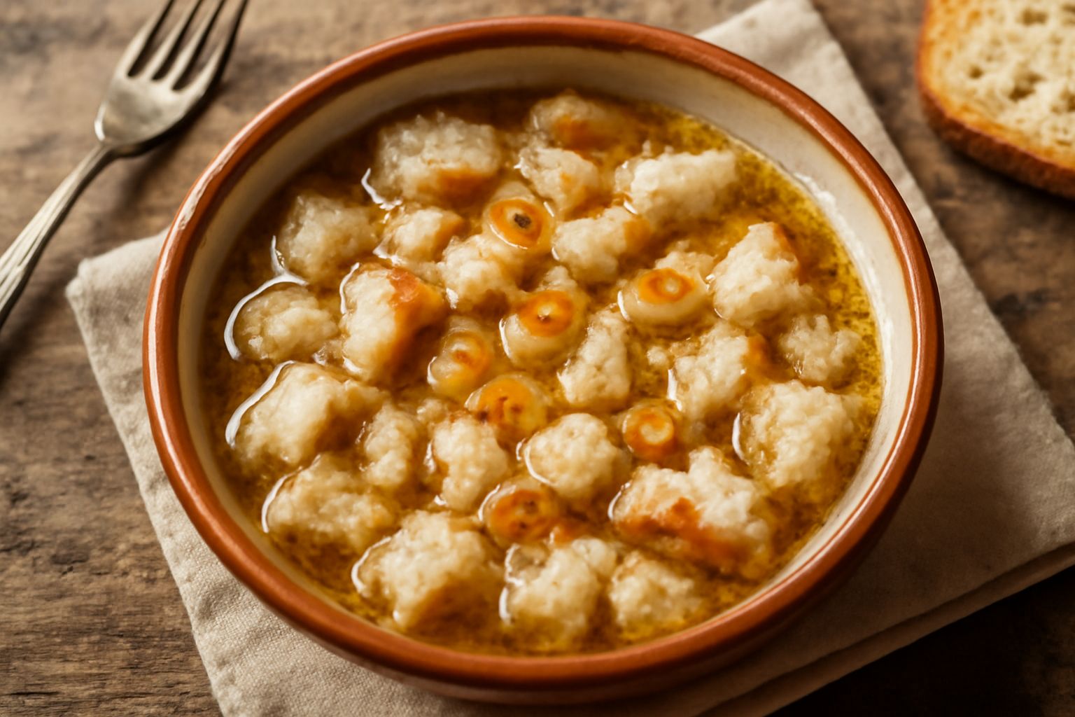 Una ciotola bianca con pane tostato spezzettato, coperto di acqua trasparente leggermente dorata, con visibili scaglie di aglio in superficie e un filo d'olio verde che brilla, contorno di tavolo in p