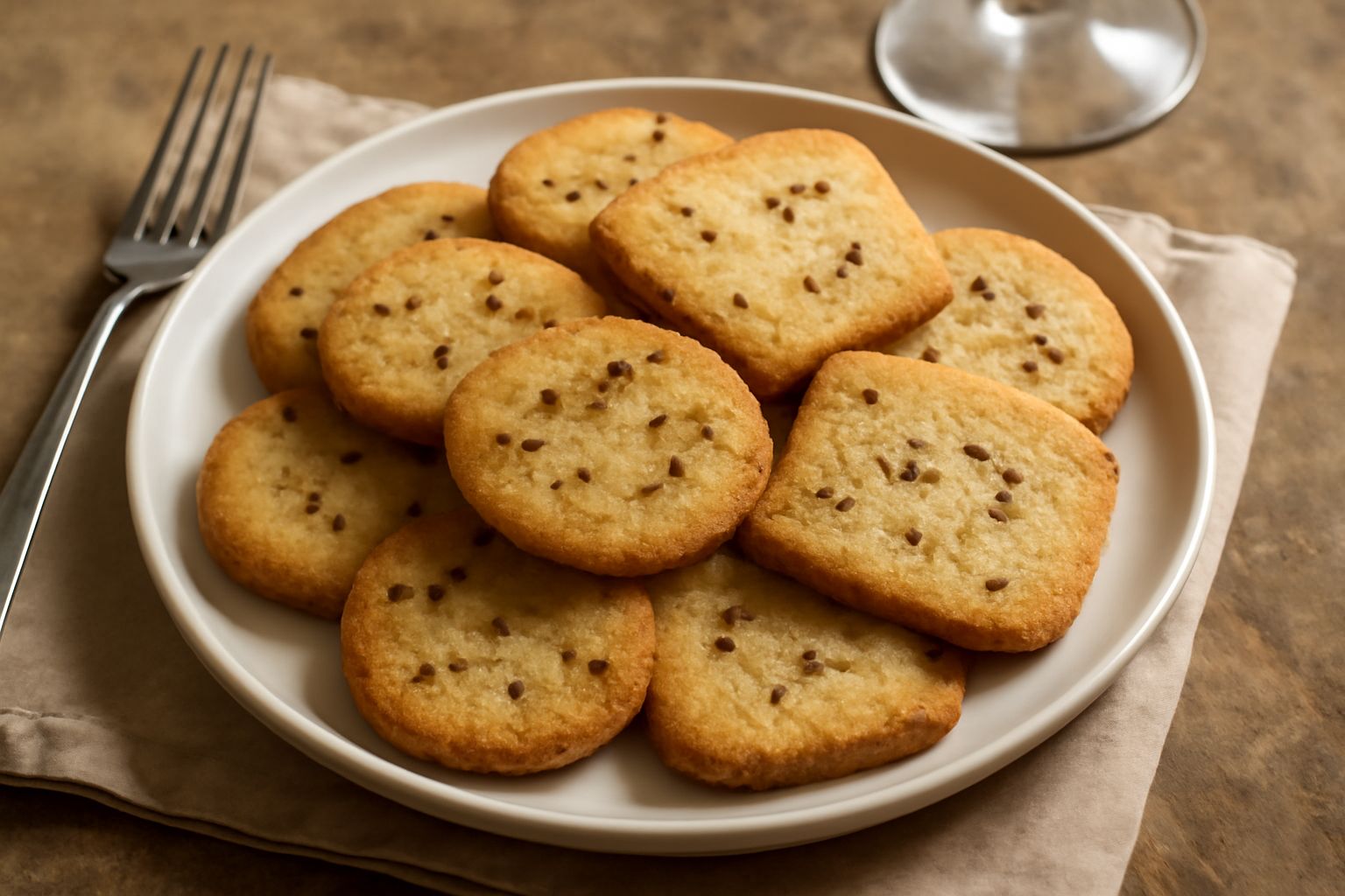 Biscotti «su pani ca su sicu» dorati e croccanti disposti su piatto bianco, con semi di anice visibili in superficie, sfondo di legno chiaro con una tazza di caffè