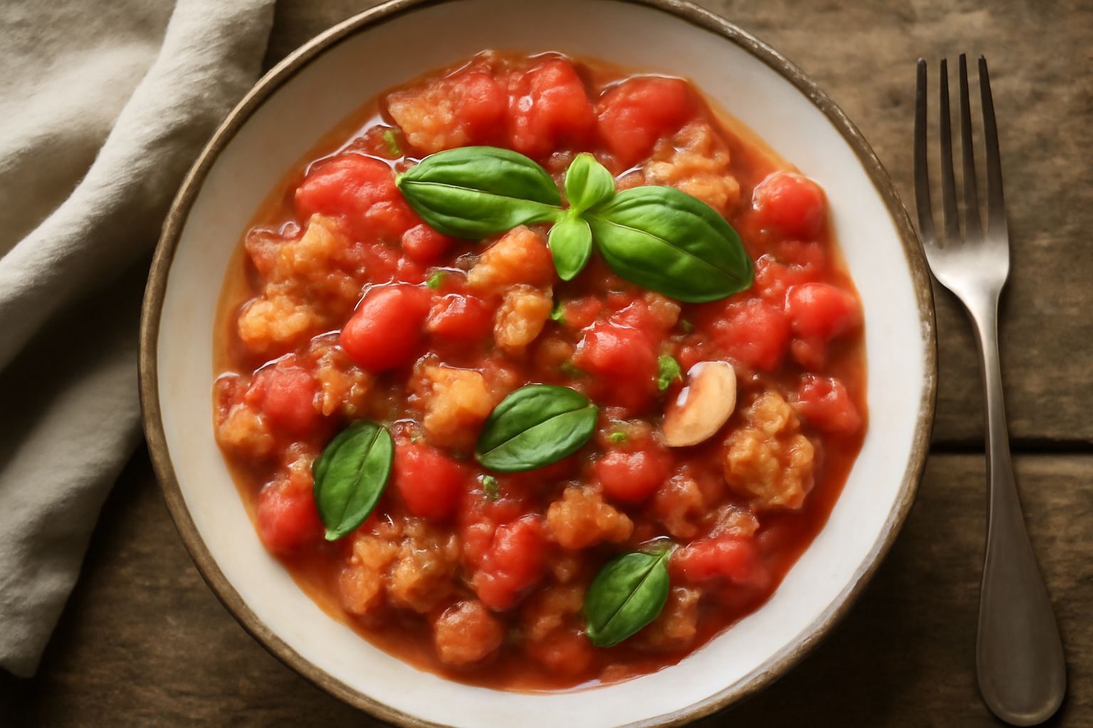 Zuppa fredda «Su Pani ca su Tominu» in ciotola bianca: pezzi di pane raffermo imbevuti, pomodori rossi crudi tagliati, basilico fresco verde, basilico sporgente, olio giallo lucido in superficie, piat
