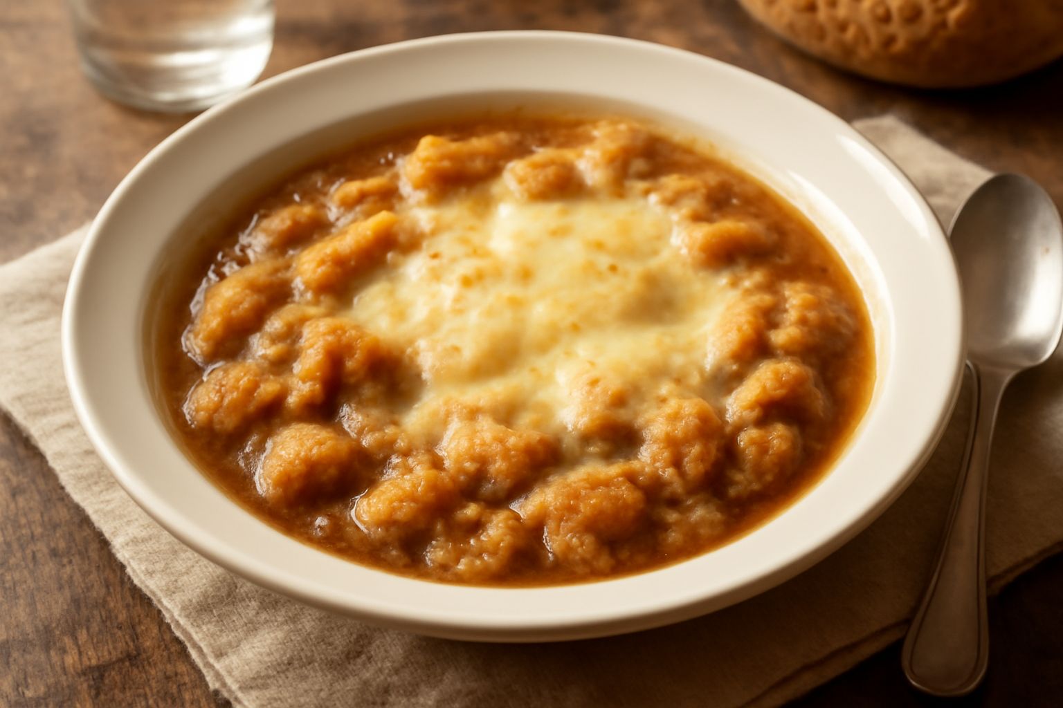 Ciotola di ceramica bianca con pane ammollato in brodo caldo marrone, formaggio fuso giallognolo sulla superficie, un mestolo di coccio poggiato sul bordo, vapore leggero