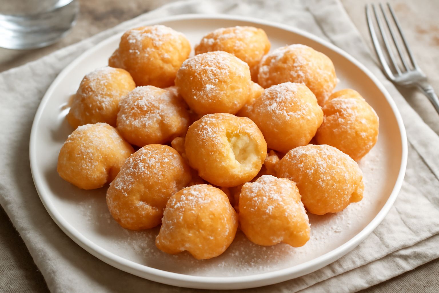 Mucchio di bignè dorati e croccanti su piatto bianco, cosparsi di zucchero a velo, con pasta choux grigiastra visibile al taglio