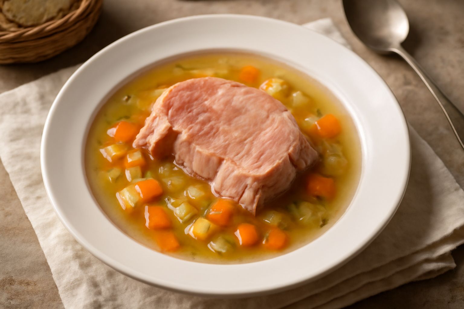 Ciotola di ceramica con brodo caldo color ambra, dentro pezzi di carne di maiale rosa e tenera, accompagnati da verdure ammorbidite, vapor caldo che sale dalla superficie