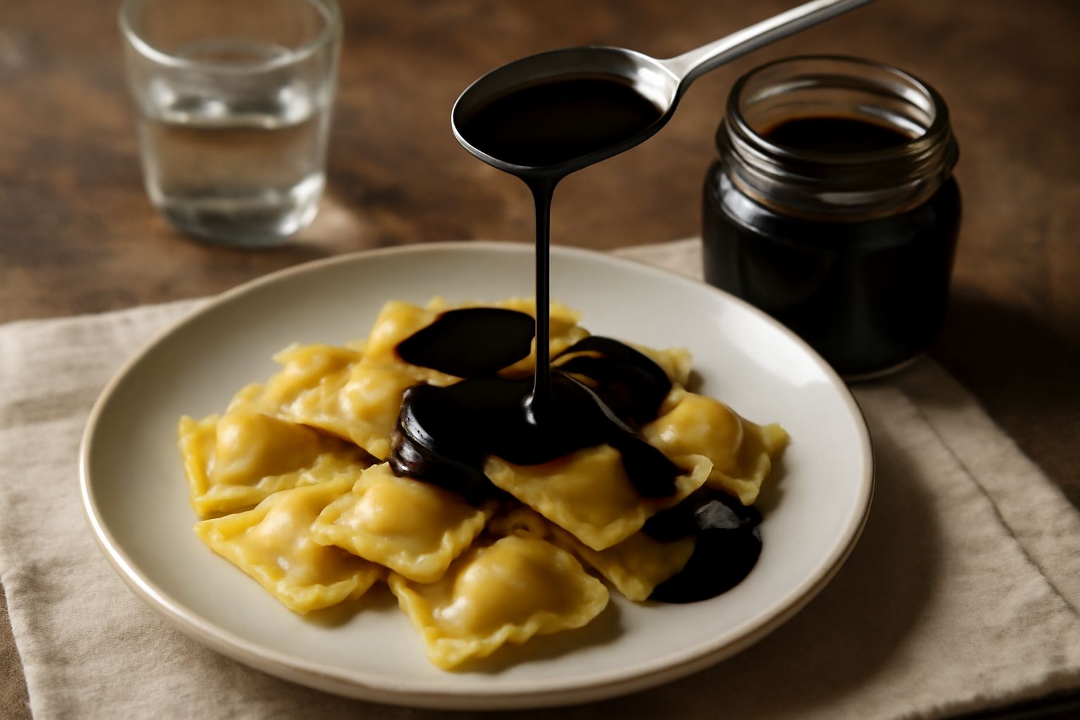 Vasetto di vetro con sciroppo di uva sardo marrone scuro e denso, lucido, con mestolo di legno appena estratto, sfondo scuro con grappoli d'uva rossa sfocati