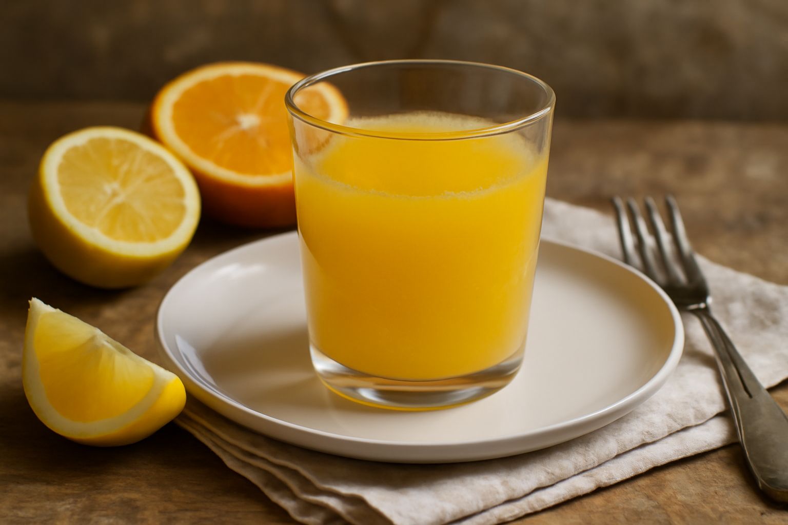 Bicchiere trasparente pieno di succo di agrumi color arancio brillante, con accanto metà di un'arancia e un limone giallo, su un piano di lavoro bianco con gocce d'acqua intorno