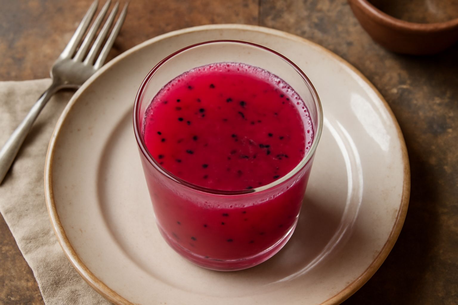 Bicchiere di succo di fichi d'India rosa acceso, appena versato, con alcuni fichi d'India interi e dimezzati attorno su un tavolo di legno bianco, con foglie verdi di menta fresca