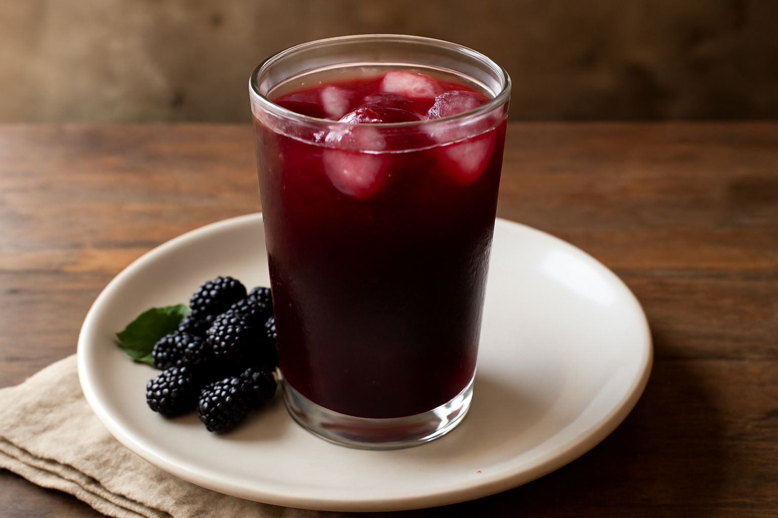 Bicchiere di succo di gelso di colore rosso scuro intenso, servito con ghiaccio trasparente, circondato da gelsi freschi interi e foglie verdi, su fondo bianco