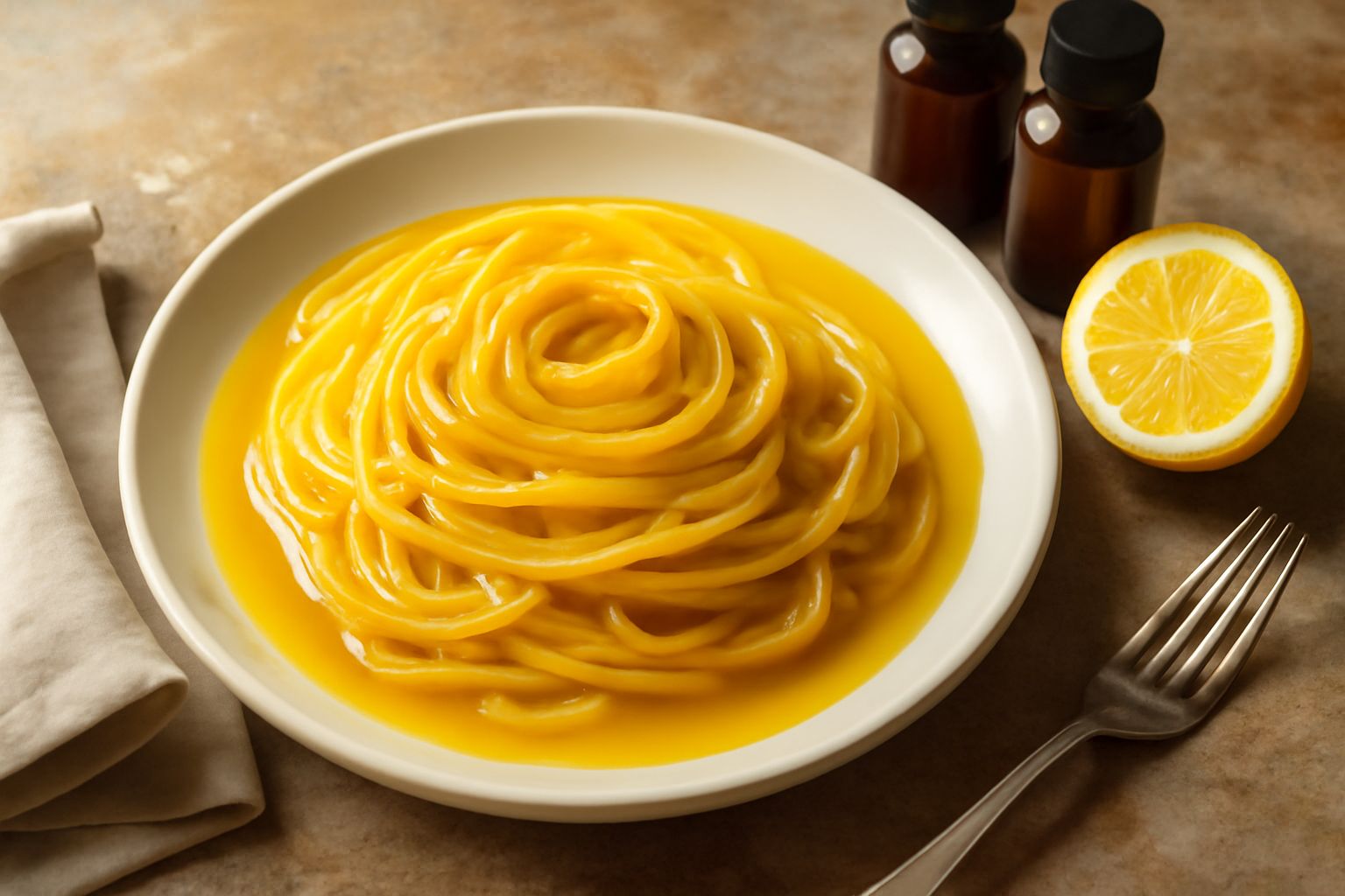 Un bicchiere di vetro con succo di limone concentrato giallo intenso, accanto a un limone tagliato a metà e una bottiglia di vetro scuro con tappo, su un piano di legno bianco