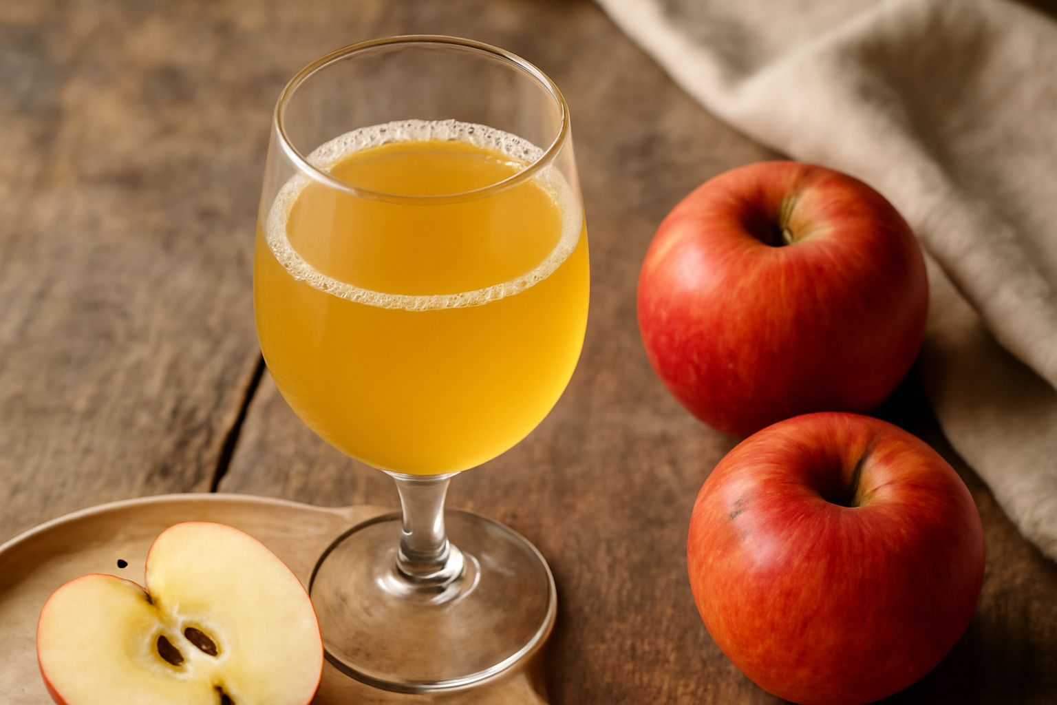 Un bicchiere trasparente pieno di succo di mela color giallo pallido, posato su un tavolo di legno, accanto a mele rosse e gialle intere tagliate a metà, con gocce di liquido sulla superficie.