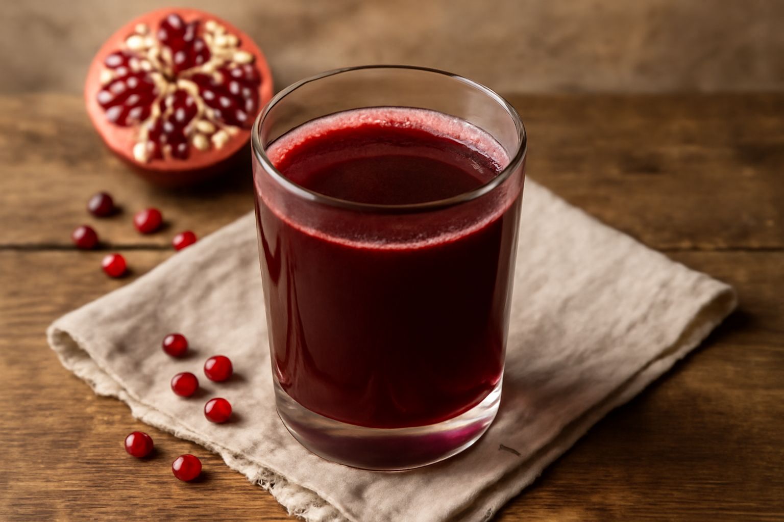 Bicchiere trasparente riempito di succo di melagrana rosso scuro, accanto a melagrane intere e semi rossi sparsi su un tagliere di legno chiaro