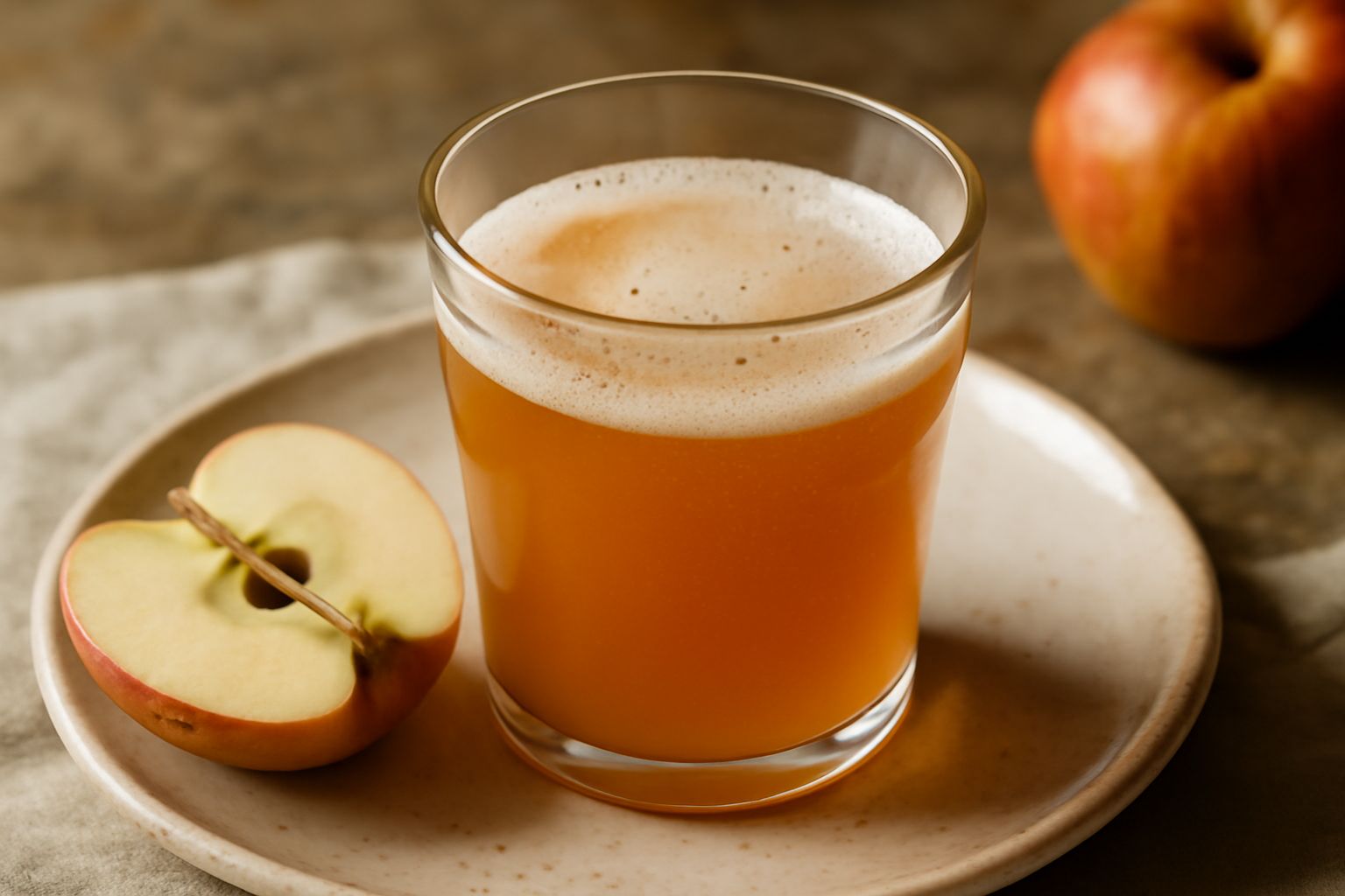 Bicchiere trasparente pieno di succo di mele color oro ambrato, posizionato su una superficie di legno naturale accanto a mele rosse e verdi fresche intere, con gocce di condensa sul vetro