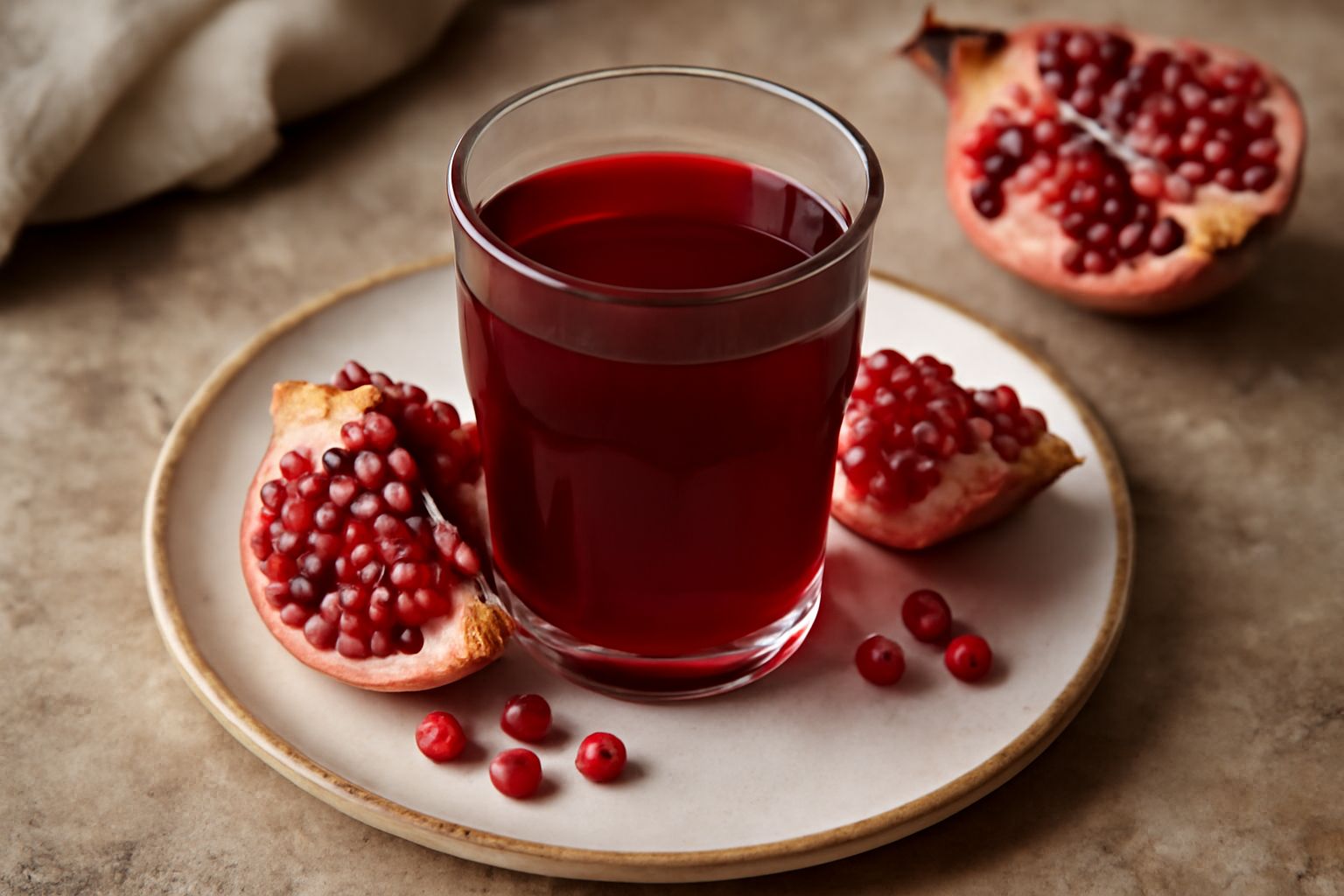 Un bicchiere di succo di melograno rosso scuro con trasparenza, circondato da melograni freschi aperti mostrando i chicchi rossi, su fondo chiaro con foglia verde