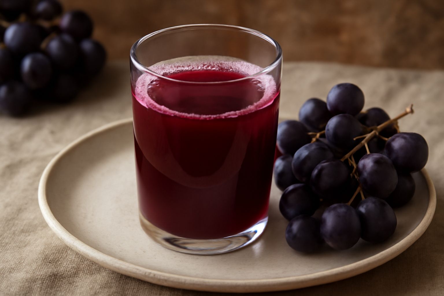 Un bicchiere di succo di uva rosso scuro, trasparente, con pochi chicchi di uva rossa accanto e una bottiglia di vetro sullo sfondo