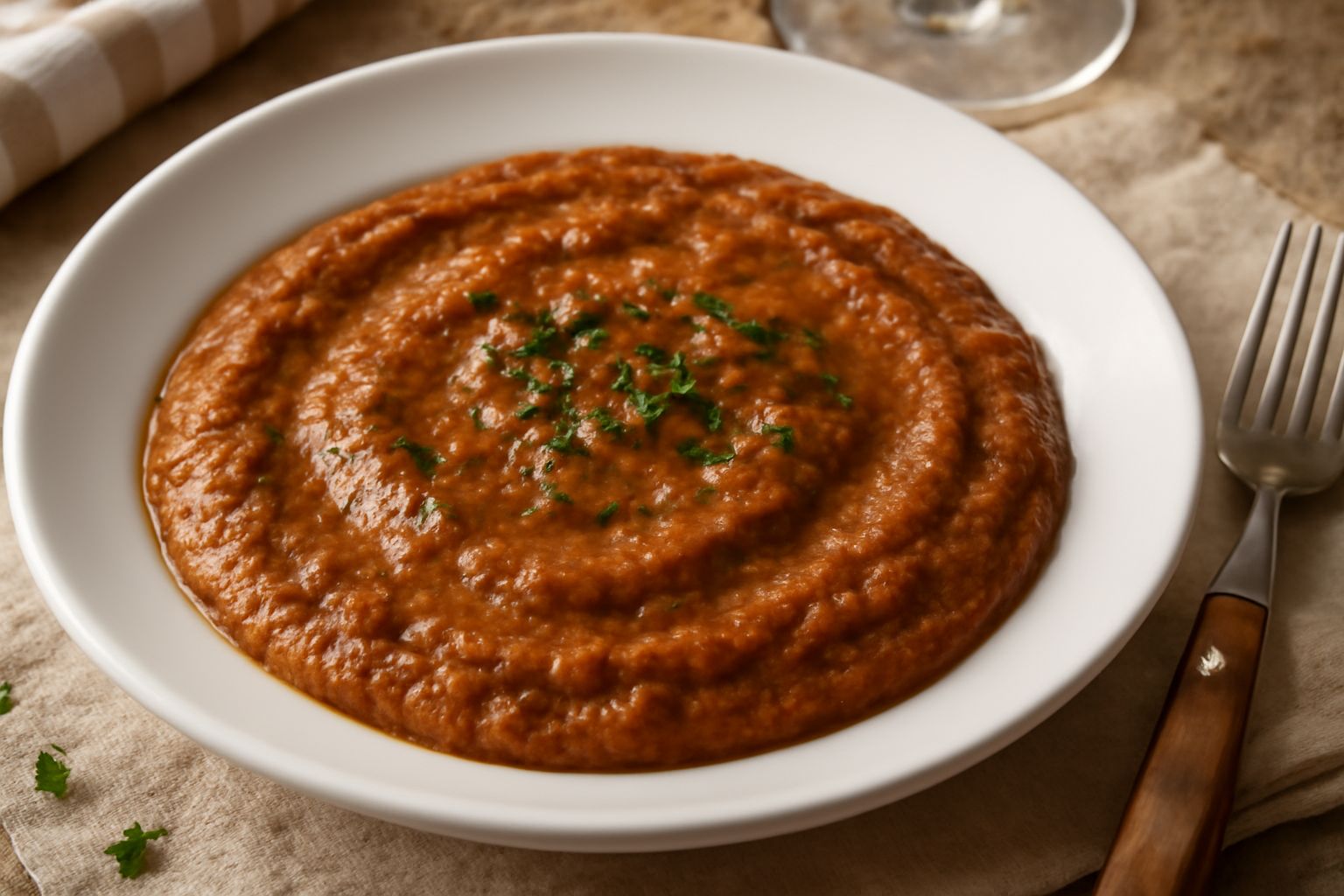 Sughetto di fegatini marrone scuro in un piatto bianco, denso e cremoso, condito con prezzemolo fresco tritato, servito su pappa al pomodoro con filo di olio verde