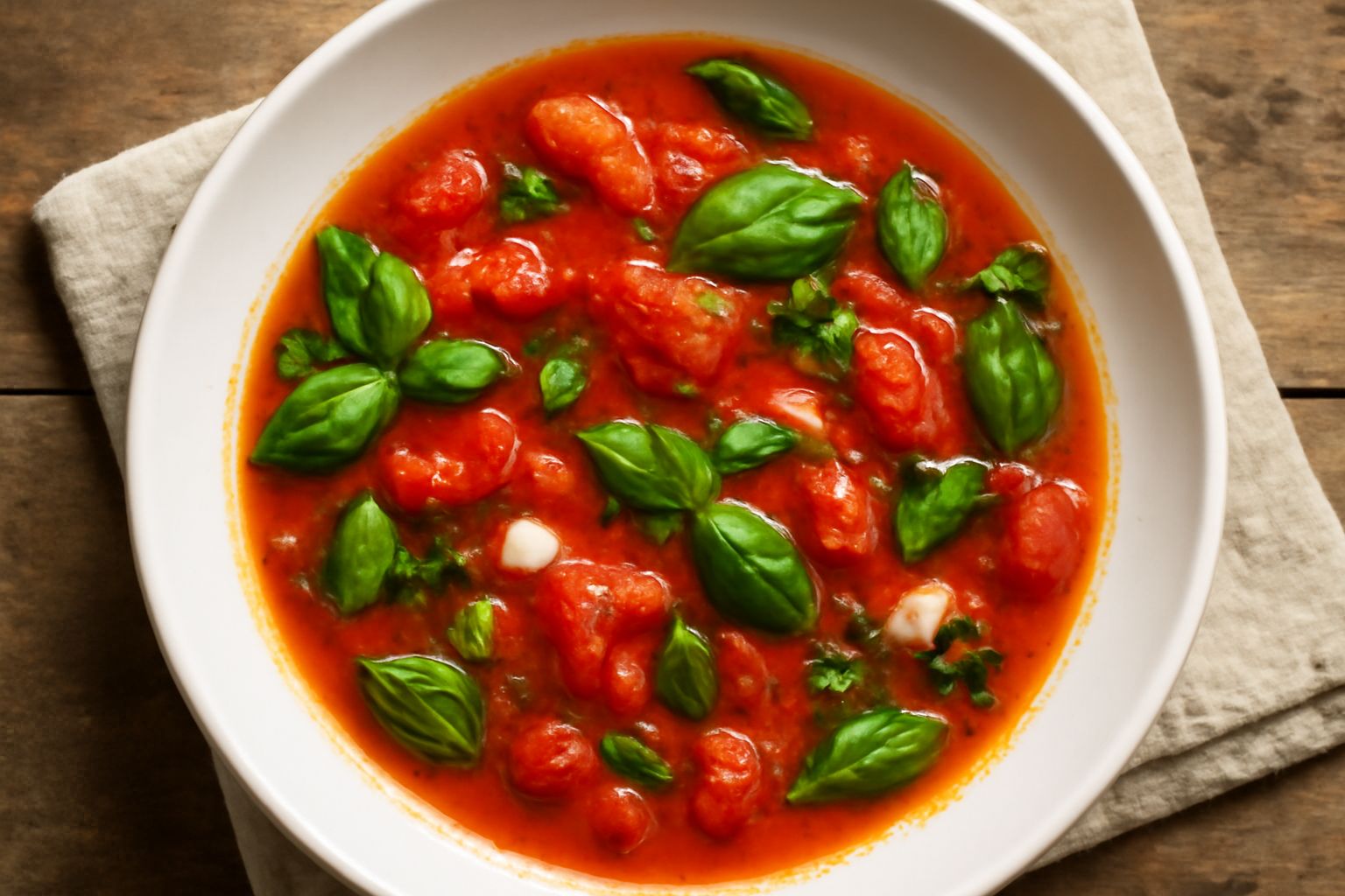 Sugo d'estate rosso brillante in una ciotola bianca con foglie di basilico fresco, pomodori a fette intorno, gocce d'olio di oliva che lucicano, tavolo di legno bianco con luce naturale