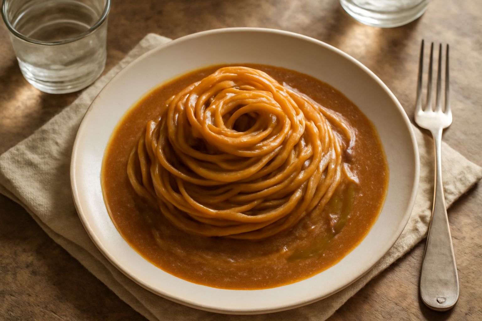 Sugo di acciughe marrone scuro e cremoso in una ciotola bianca, condito con fili di olio verde e una foglia di prezzemolo fresco, accanto a spaghetti bianchi appena scolati