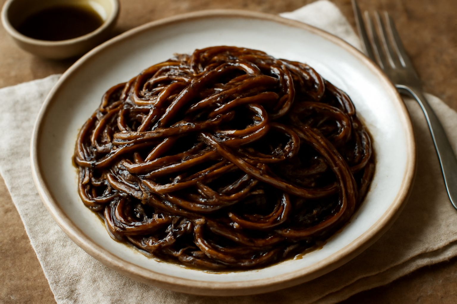Sugo di alici scuro e lucido in una pentola di acciaio, con alici intere visibili e gocce di olio extravergine; piatto di pasta spaghetti condito con il sugo, guarnito con prezzemolo fresco verde e sc