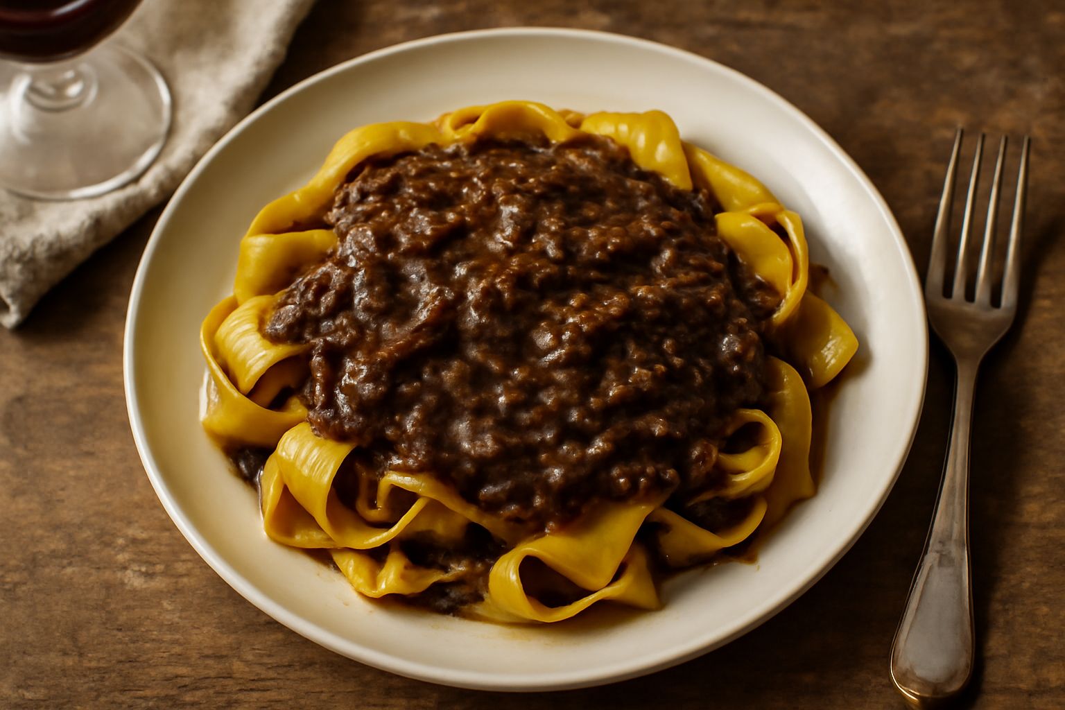 Un piatto di tagliatelle fresche condite con sugo di anatra scuro e denso, guarnito con pezzetti di carne morbida, in una ciotola bianca con bordo oro