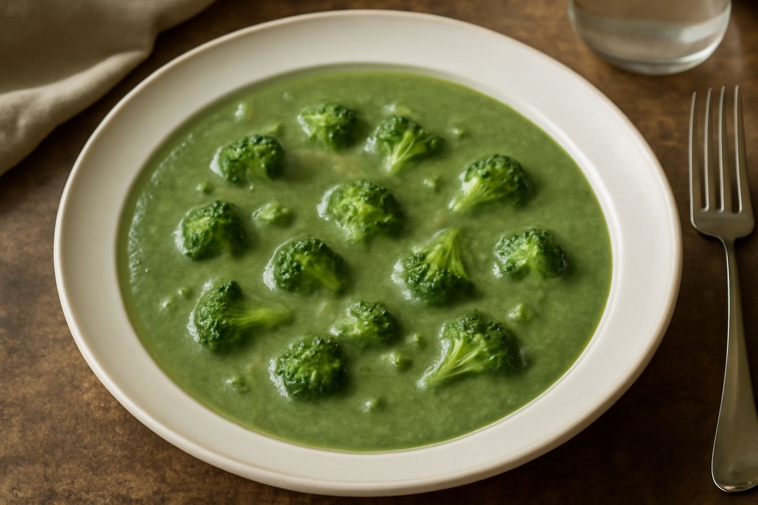 Piatto di pasta ricoperta di sugo di broccoli di colore verde salvia, cremoso e omogeneo, con granelli di broccolo in sospensione, olive nere tagliate, filo d'olio extravergine, servito in piatto bian