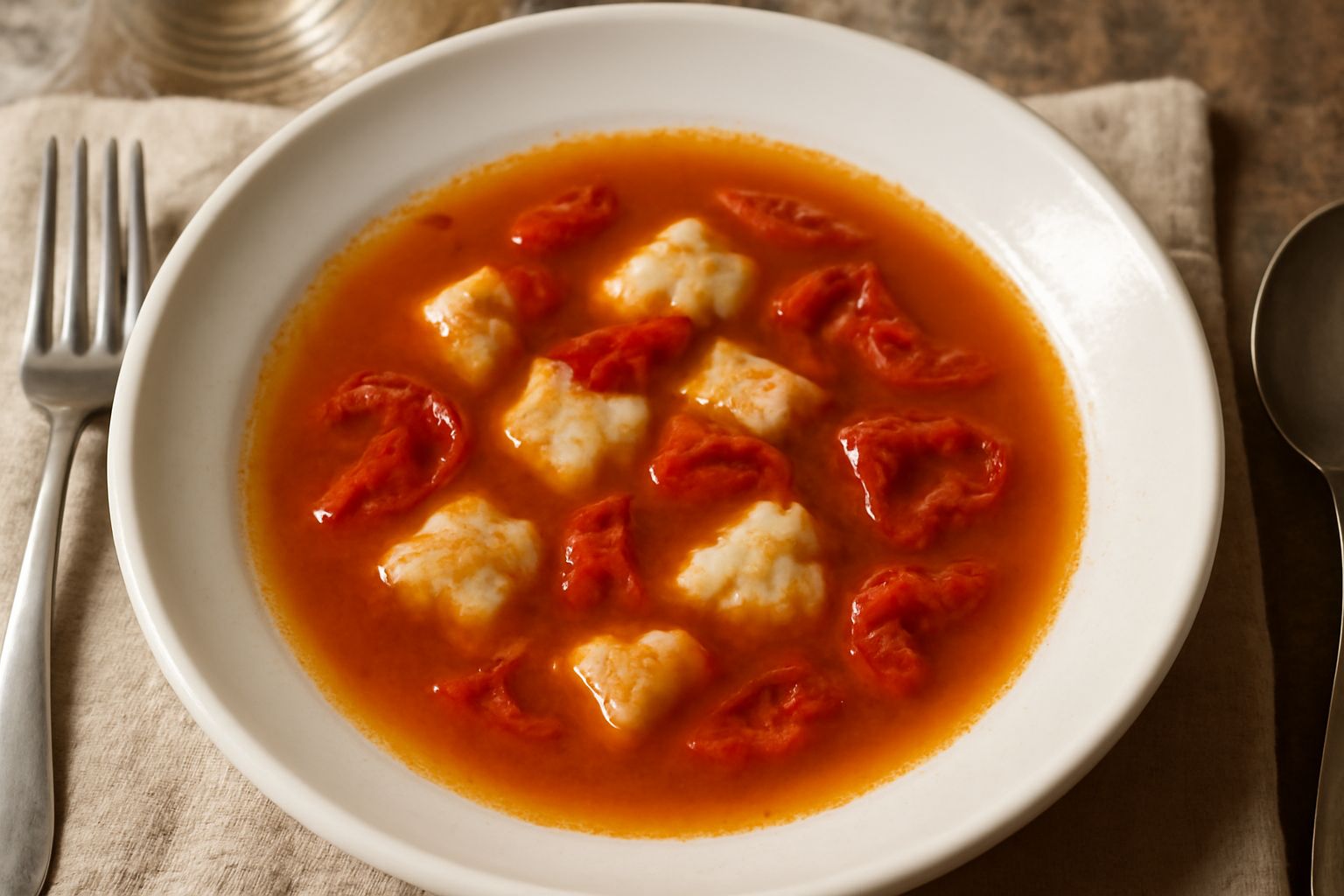 Pasta condita con sugo di brodetto in un piatto bianco fondo, con brodo trasparente che contiene pezzi visibili di pesce bianco, pomodoro rosso acceso, prezzemolo verde fresco distribuito in superfici