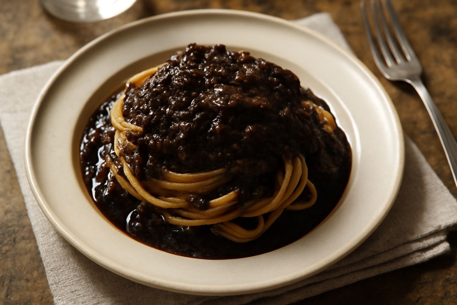 Pentola di sugo di cacciagione marrone scuro e denso, servito su pappardelle fresche in piatto di terracotta bianca, con foglie di rosmarino accanto e bicchiere di vino rosso sfocato sullo sfondo