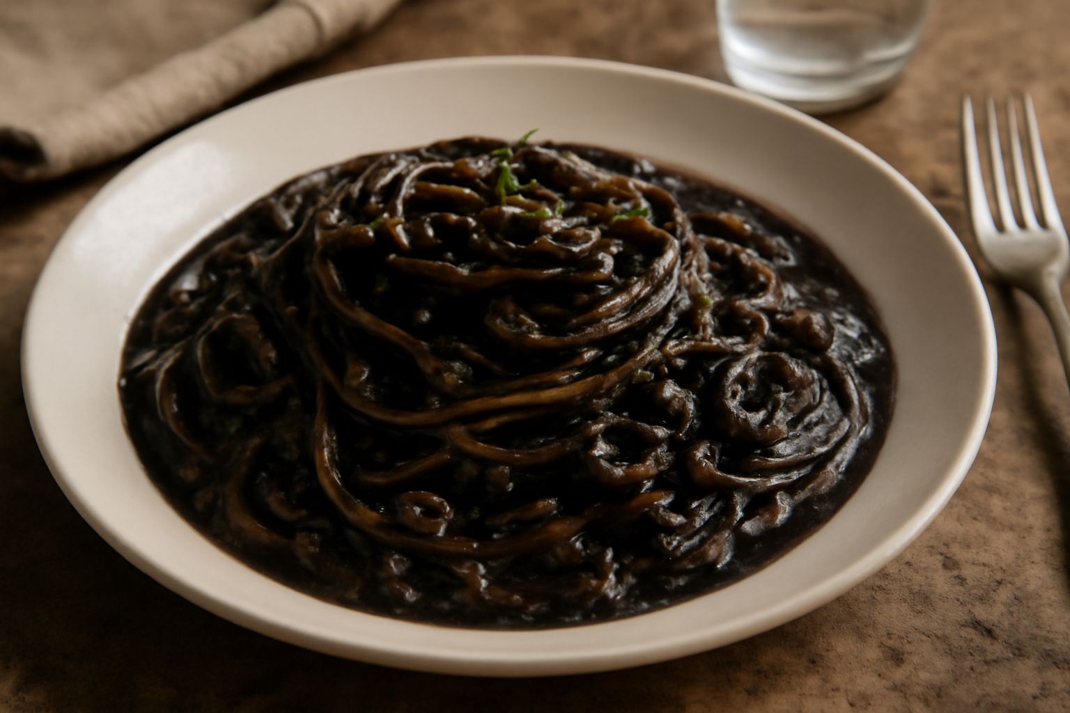 Piatto di pasta alle vongole con sugo scuro e cremoso di calamari, guarnito con prezzemolo fresco tritato fine e filo di olio extravergine, in un piatto bianco fondo