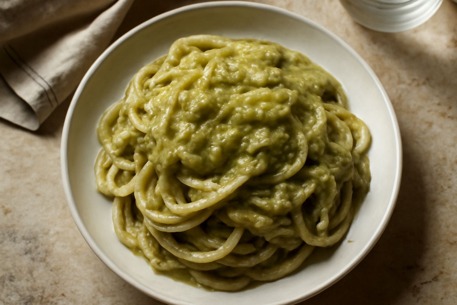 Piatto di tagliatelle ricoperte da sugo denso color verde salvia, carciofi affettati visibili, gocce di olio d'oliva lucido, servito in piatto bianco fondo con foglie di prezzemolo fresco a lato