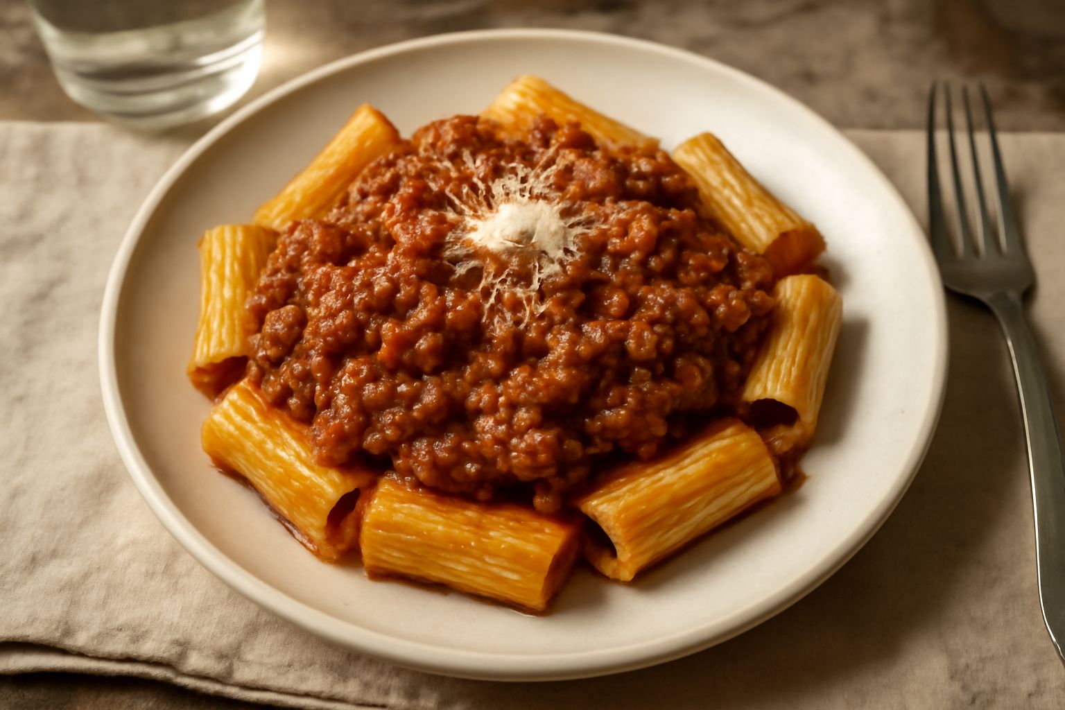 Un piatto di pasta rigatoni condita con sugo di carne denso e marrone, guarnito con una grattugia di parmigiano grattugiato fresco, in un piatto bianco su tavolo di legno