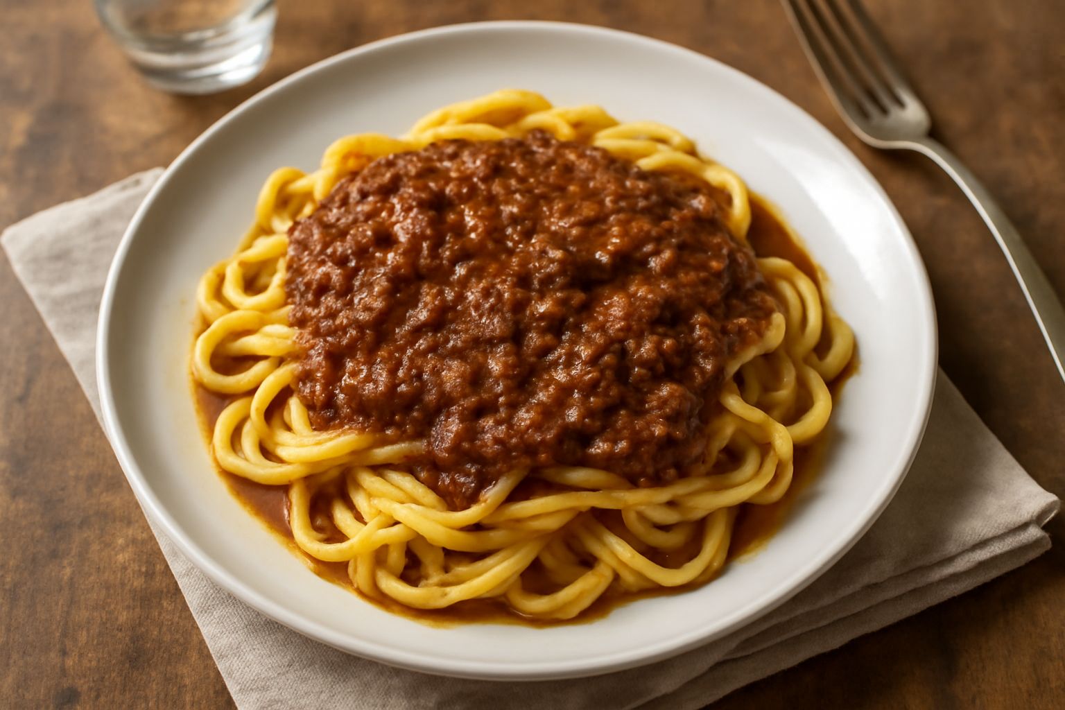 Sugo di carne friulano marrone scuro in pentola di coccio, con pezzi di carne visibili, vapore che sale, accanto a un mestolo di legno e un rametto di rosmarino
