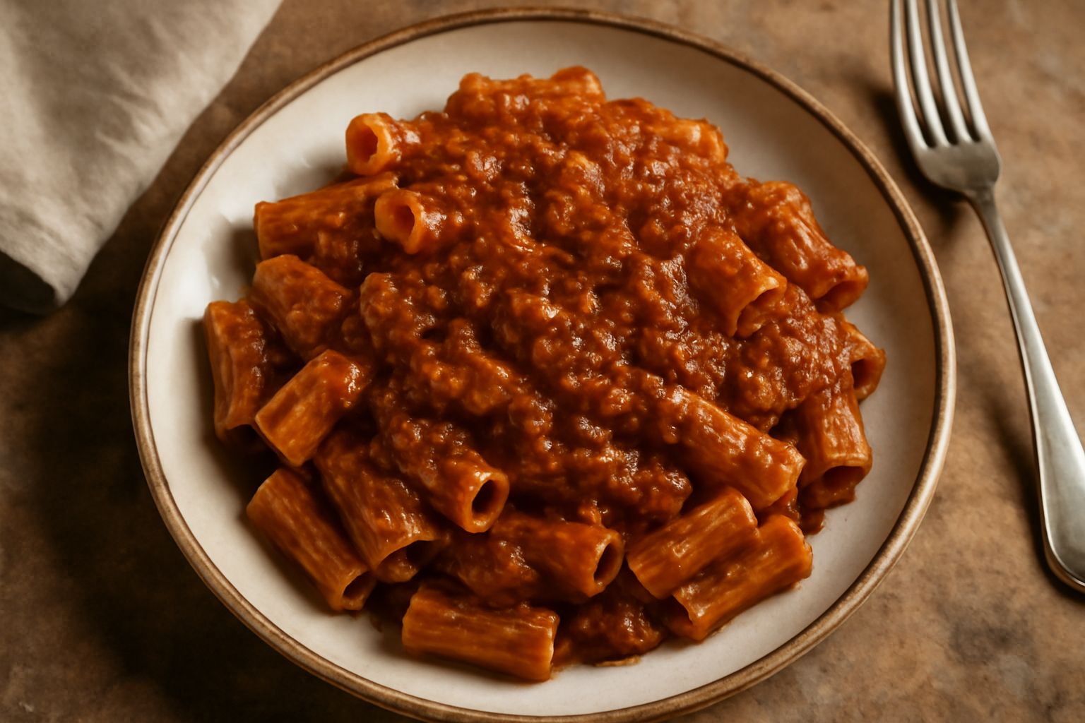 Sugo di carne mista rosso scuro e denso in un piatto bianco, con tracce di olio sulla superficie, accompagnato da un cucchiaio di legno e sfondo di cucina sfuocato