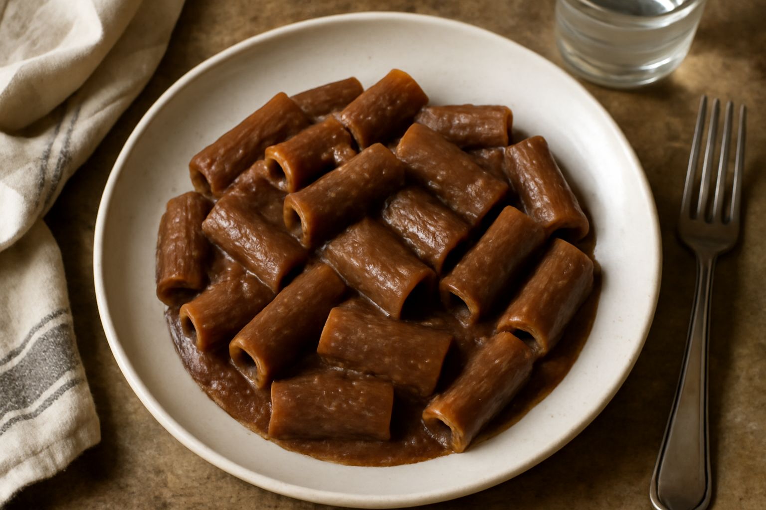 Piatto di pasta mista ricoperto di sugo marrone scuro e denso a base di castagne, con frammenti visibili di castagna, guarnito con una foglia di prezzemolo fresco su uno sfondo bianco