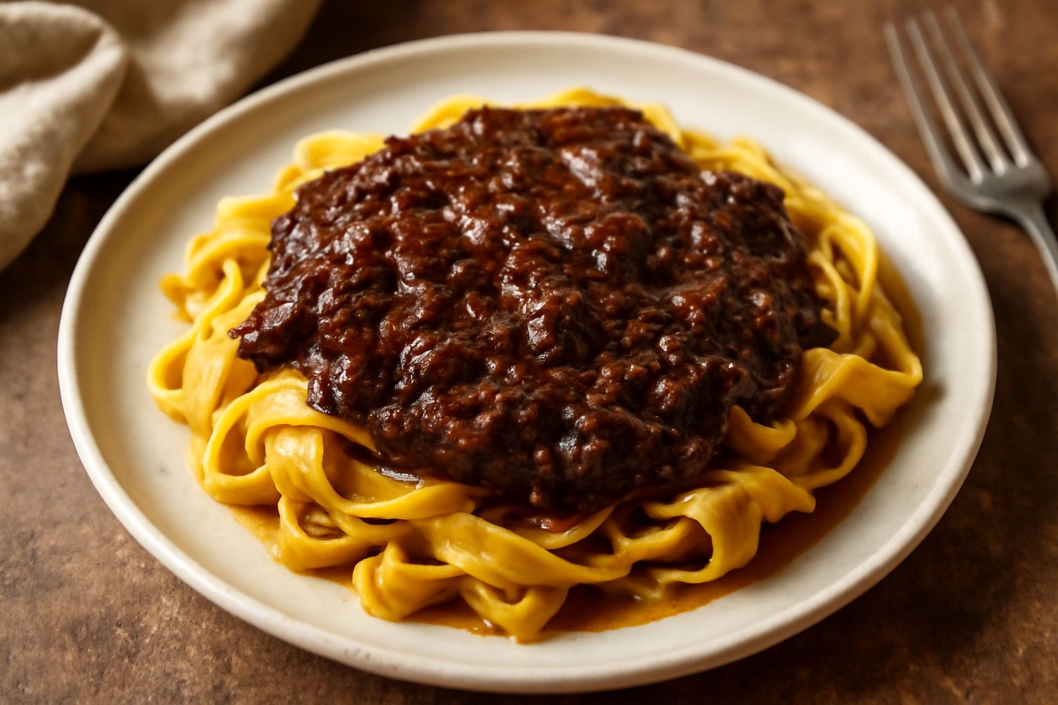 Piatto di tagliatelle fresche coperte da sugo di cinghiale marrone scuro e denso, decorato con parmigiano grattugiato e prezzemolo fresco, in una ciotola di ceramica bianca su tavolo di legno