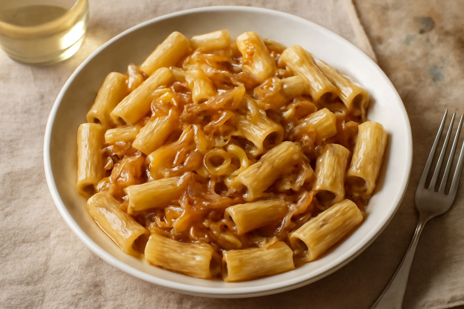 Un piatto di pasta rigatoni condito con sugo di cipolla dorato, cipolle caramellate visibili, guarnito con prezzemolo fresco tritato e filo di olio extravergine