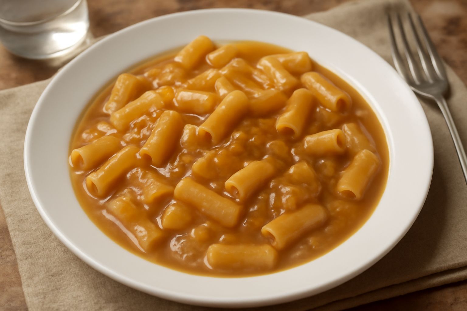 Un piatto fondo di pasta bianca rivestita di sugo marrone dorato e cremoso, con cipolle caramellate visibili, grattugia di parmigiano e qualche foglia di prezzemolo fresco