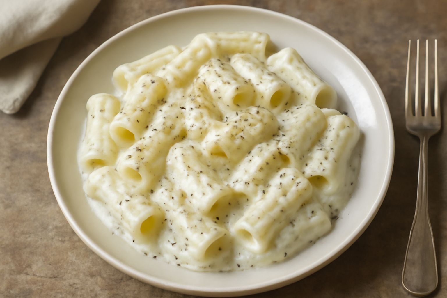 Piatto di pasta rigatoni ricoperto di sugo cremoso bianco con granuli di pepe nero visibili, formaggio grattugiato in cima, servito in un piatto bianco.